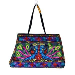 Vintage Large Black Boho Shoulder Bag w/ Embroidered Peacocks, Wooden Beads